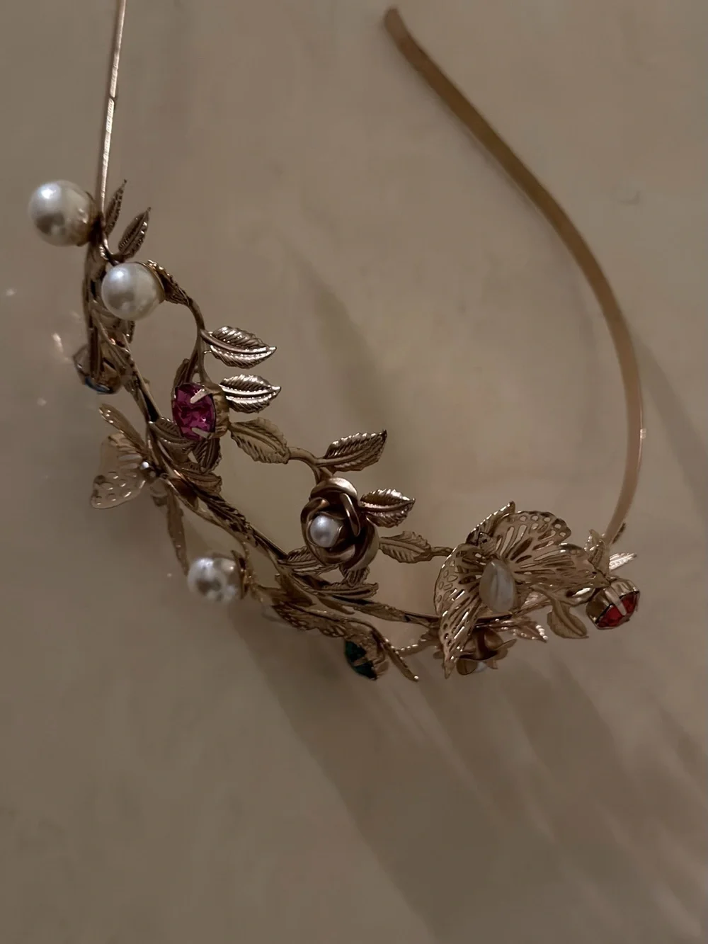 Gold-Tone Floral Pearl Headband with Multicolor Gem Accents. Head Coronet